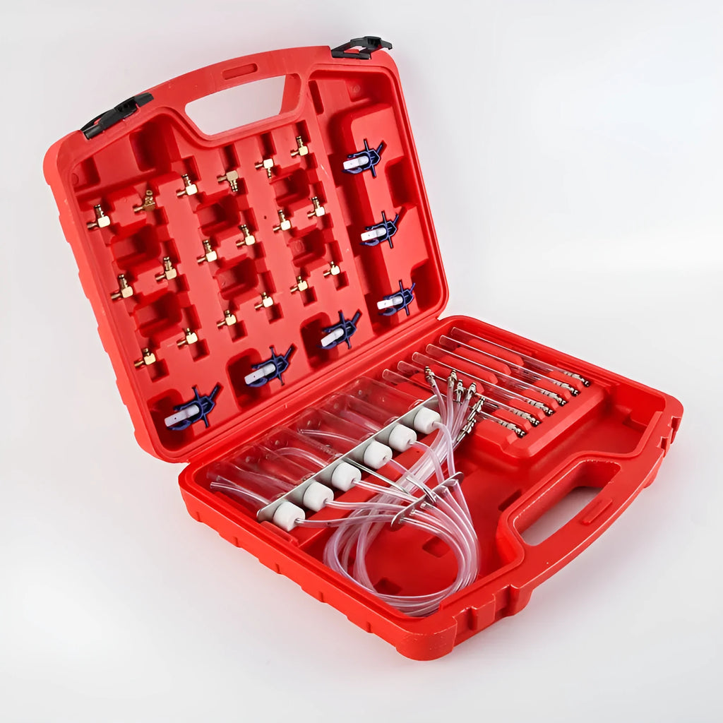 Brass and plastic fuel injection flow meter diagnostic tool with oil return measuring instrument