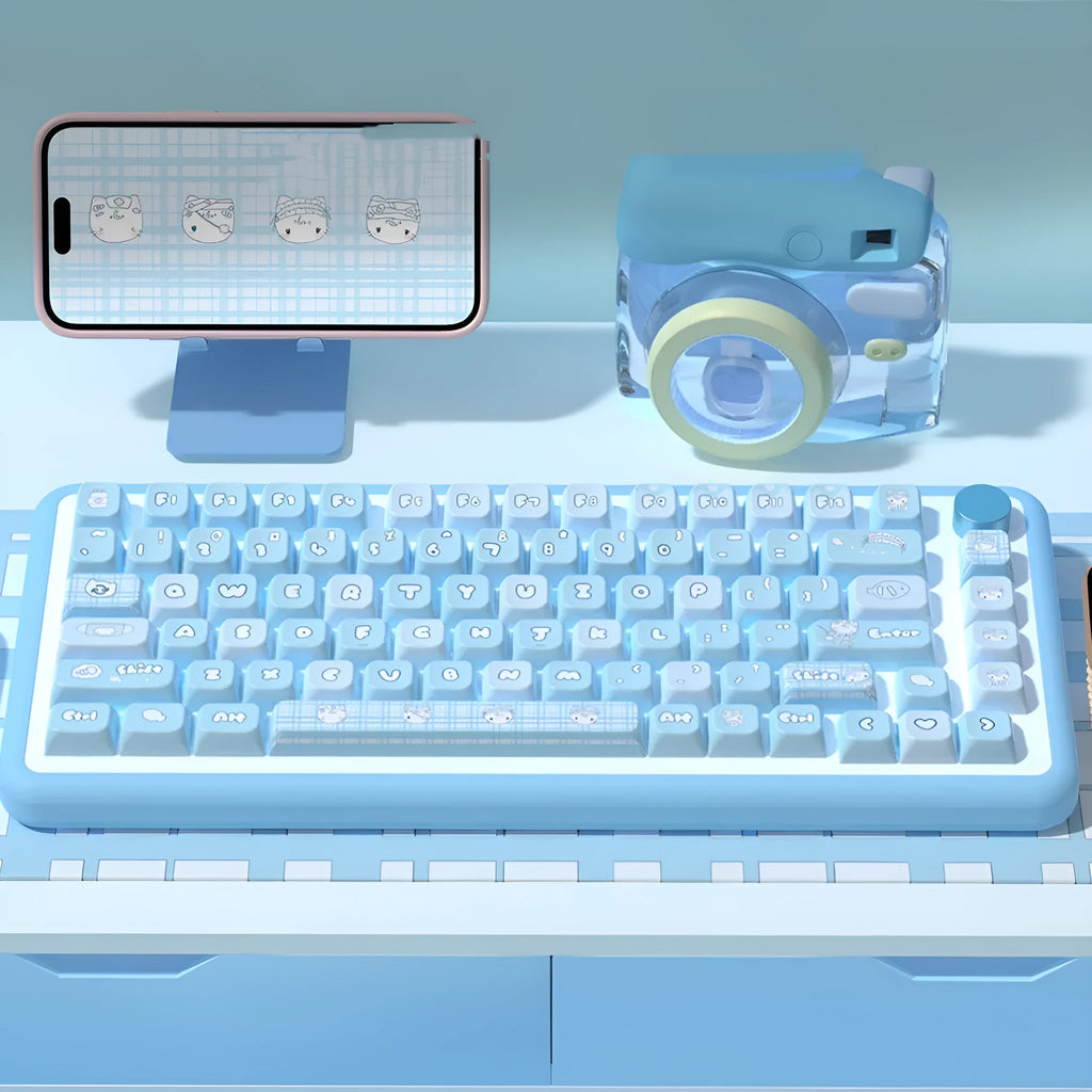 Custom watercolour kitten design mechanical keyboard keycap set with opaque legends, shown in a box.