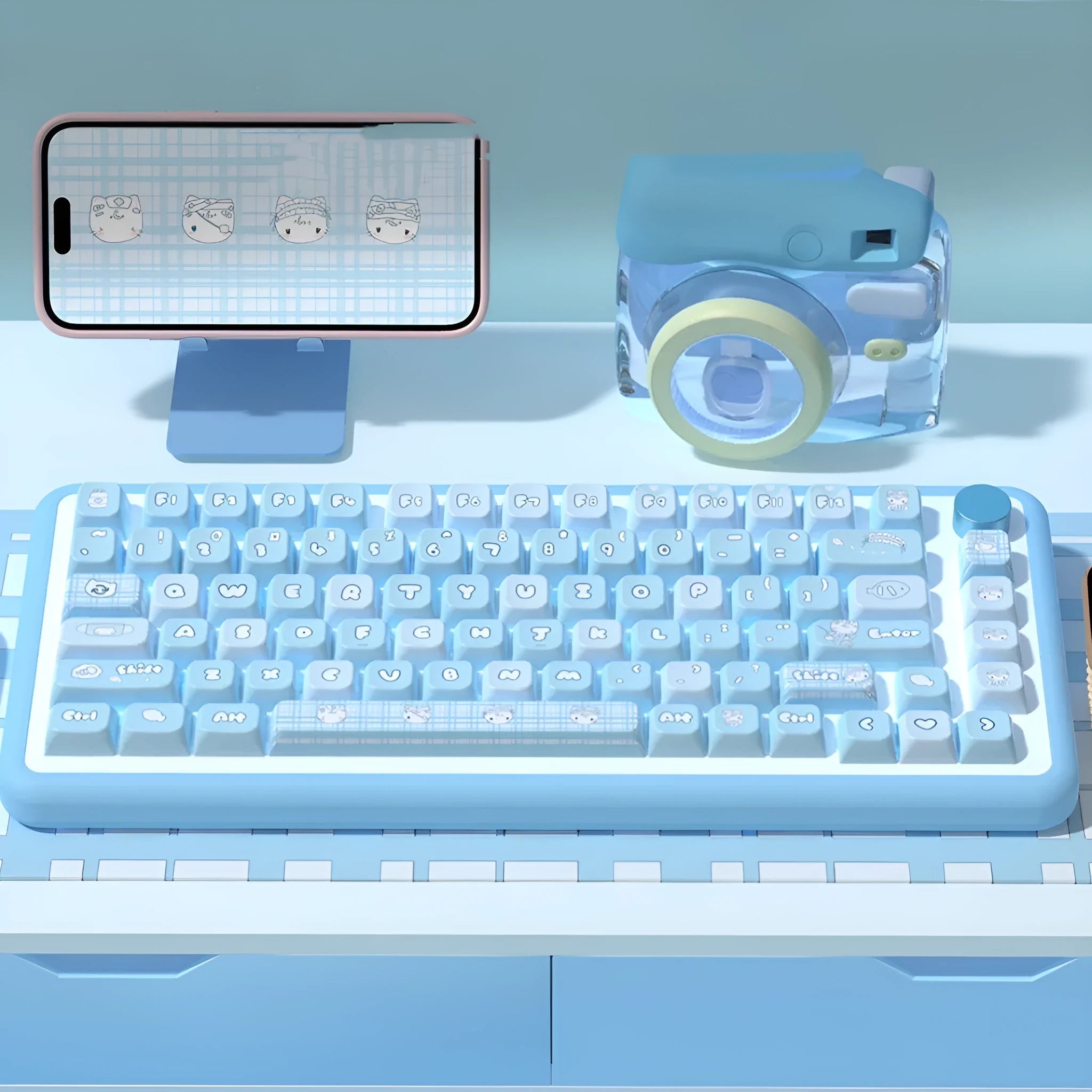 Custom watercolour kitten design mechanical keyboard keycap set with opaque legends, shown in a box.