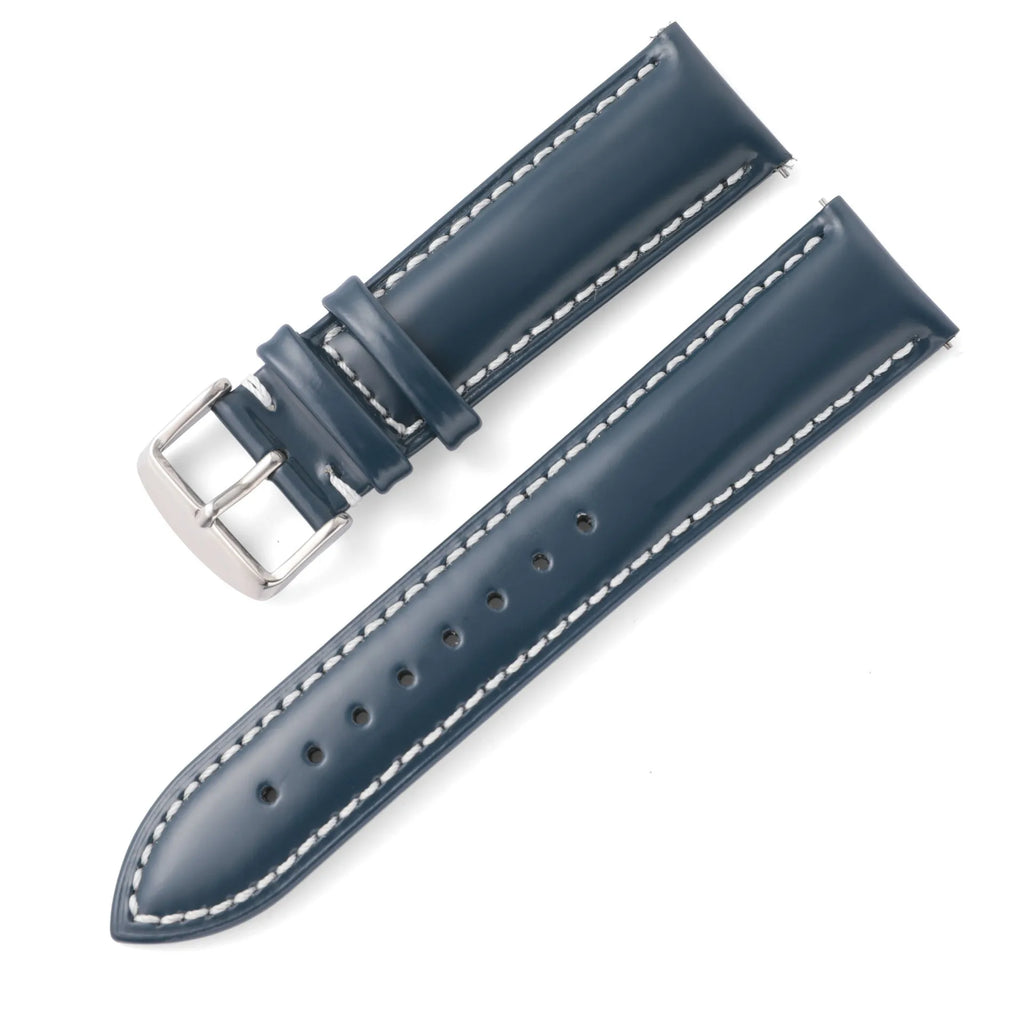 Quick release cowhide leather watch strap showing quick-release spring bar and colour options on a grey background.
