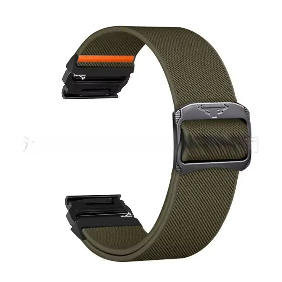 Elastic nylon watch strap with cow head buckle in army green, 22mm width