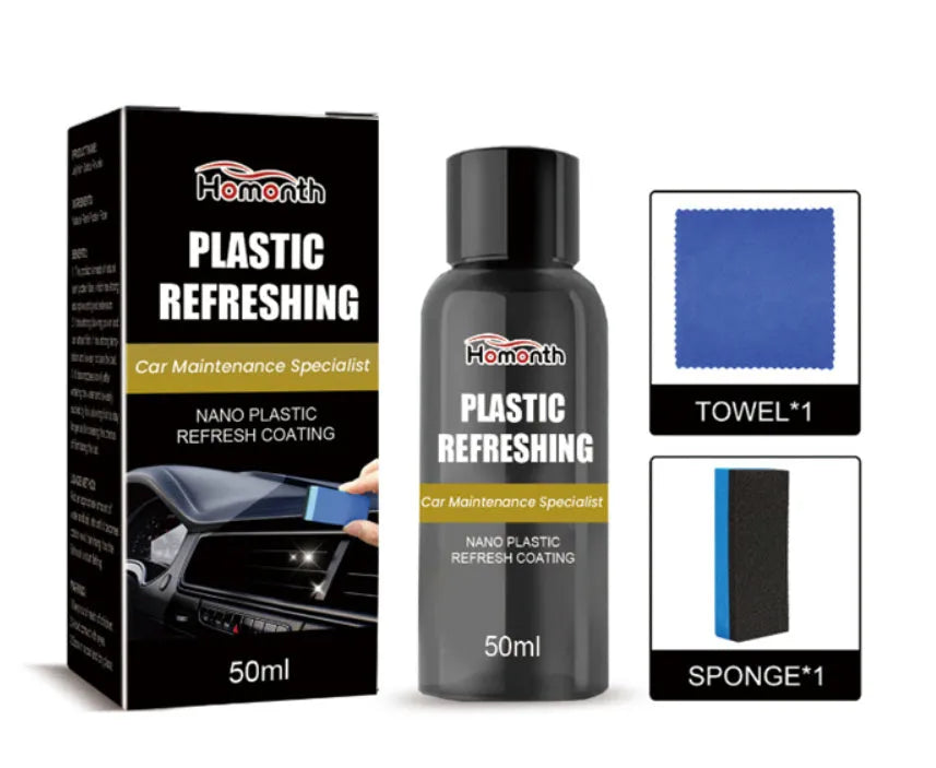 Nano plastic refresh coating kit for car dashboard scratches with bottle, sponge, and microfiber cloth