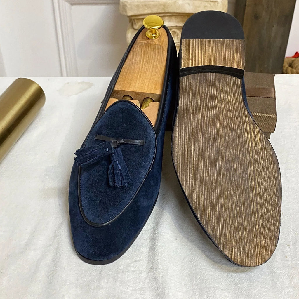 Pair of brown suede slip on loafers made from genuine cowhide leather for men
