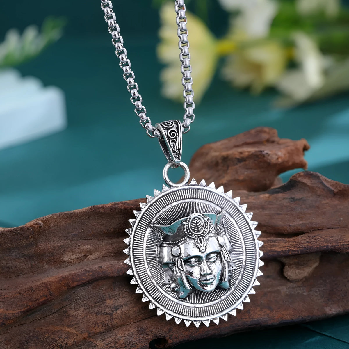 Silver head pendant sweater chain necklace for men, long casual necklace worn over a sweater