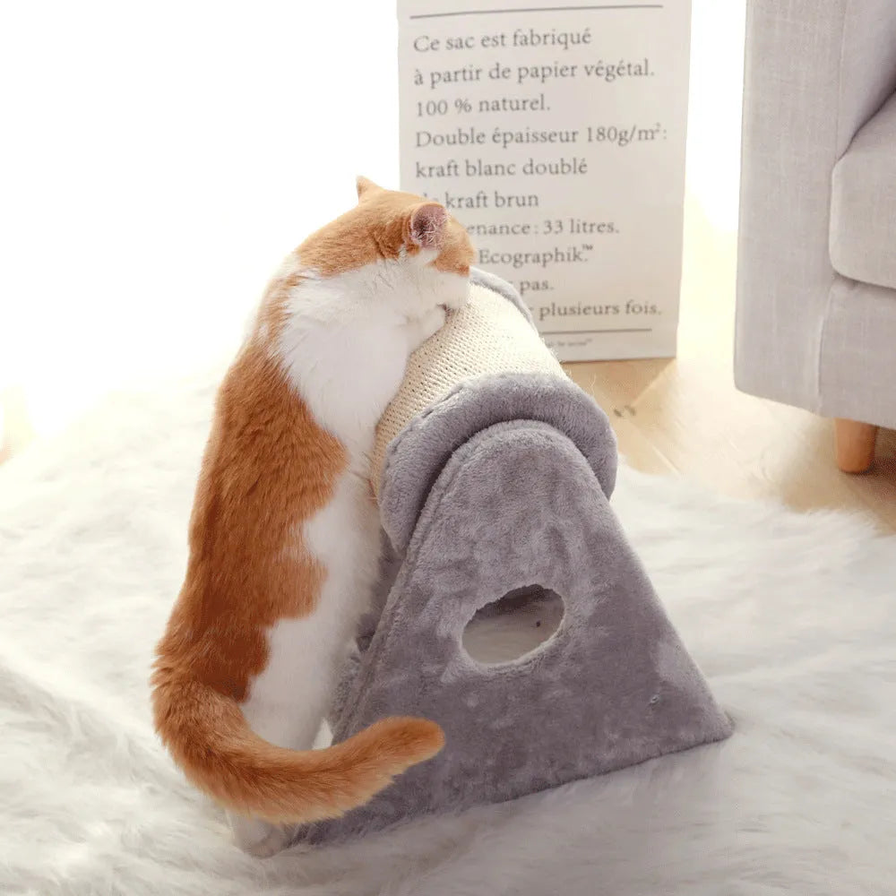 Grey small cat climbing frame with dual-axis roller, sisal bucket, and fur lying surface