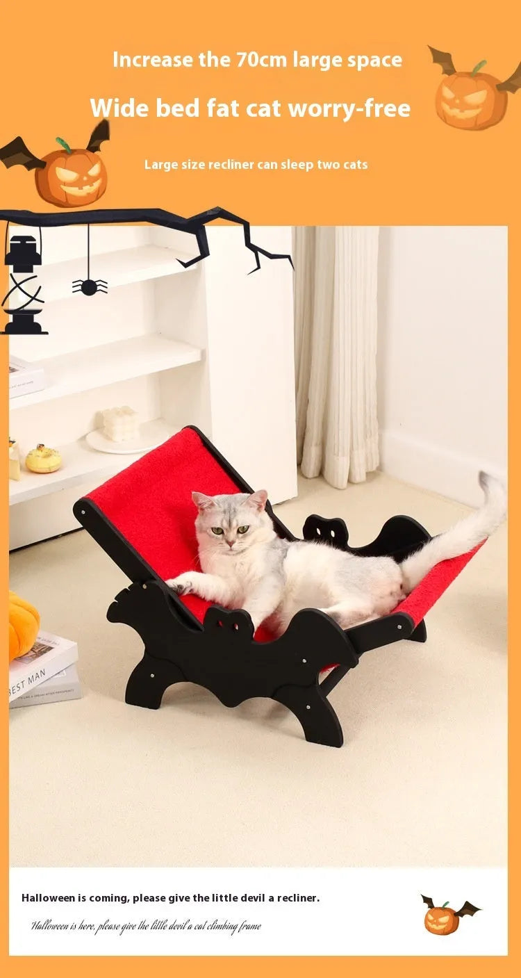 Black and red Halloween themed wooden cat recliner bed with bat decorations