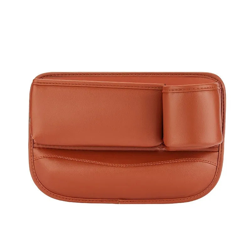 Car seat gap storage box with water cup holder in waterproof leather, black colour option for driver side