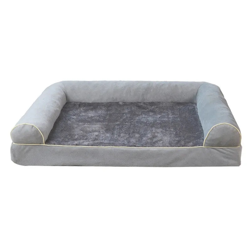 Square dark grey sponge dog bed with breathable cloth cover on a wooden floor.