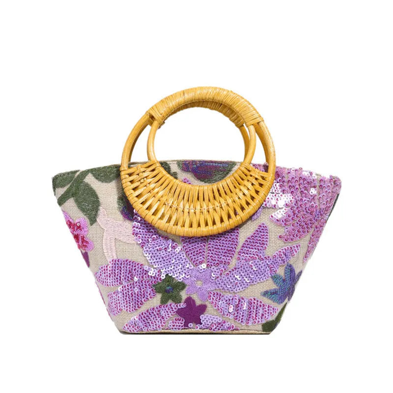 Cotton linen cylinder bag with sequin embroidery in lavender
