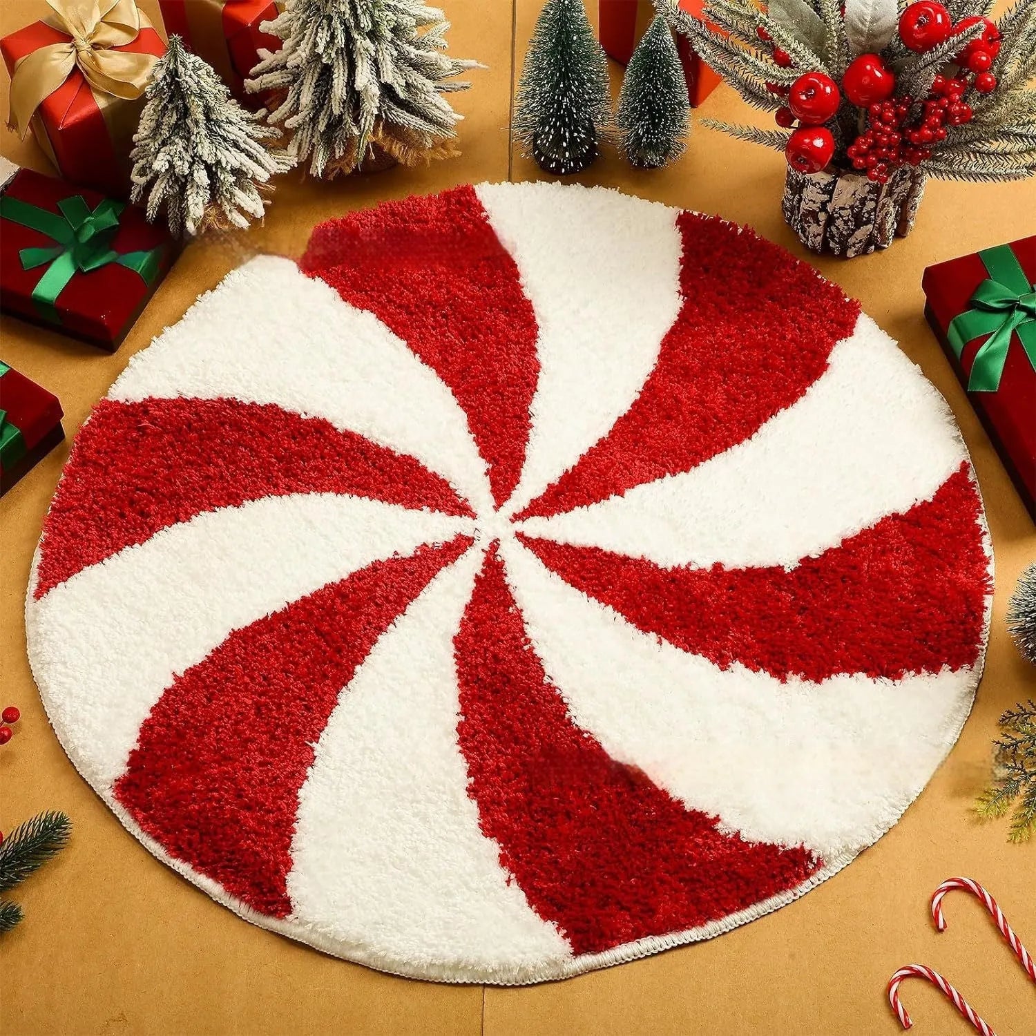 Christmas round carpet with festive printed design on soft polyester fibre, square size option shown.