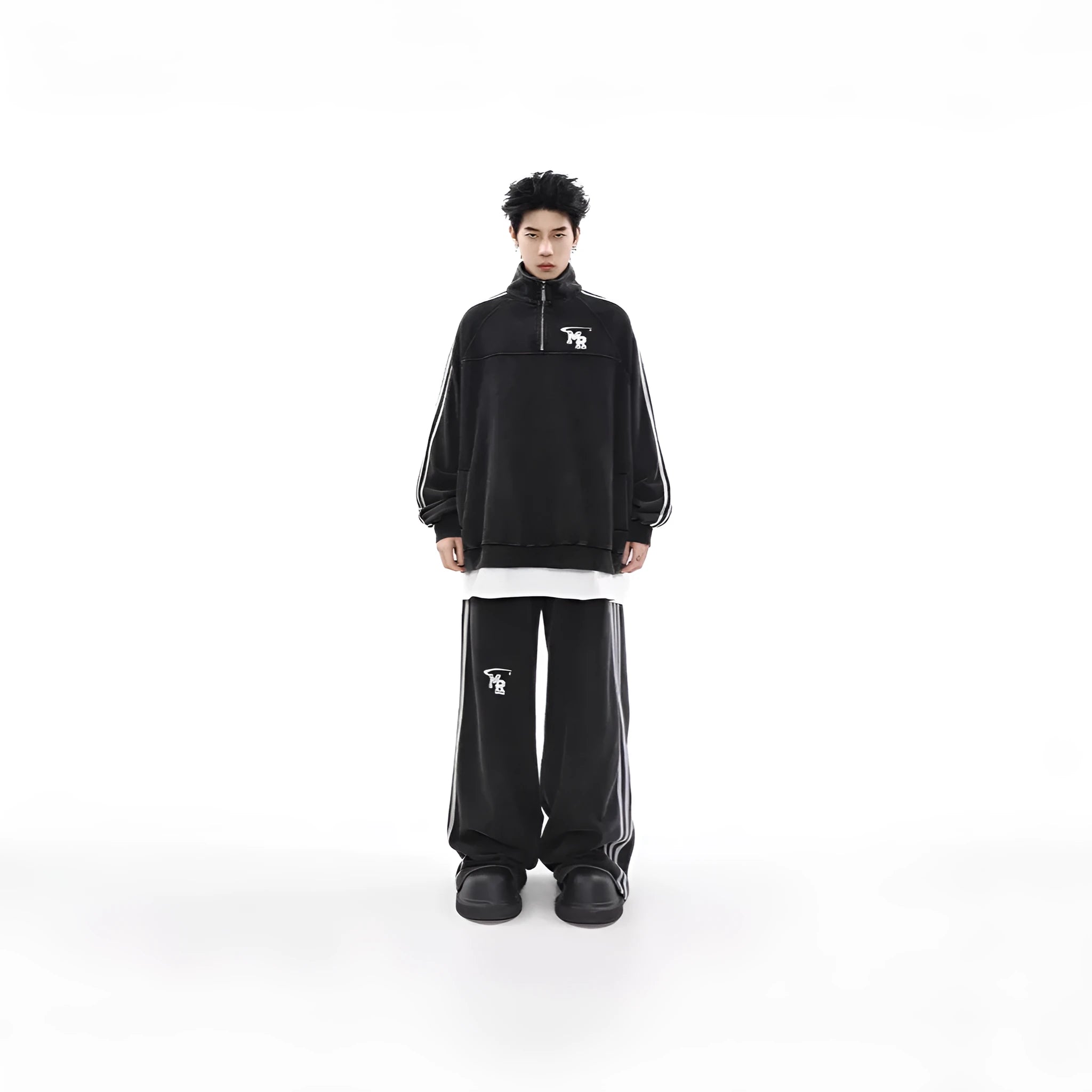 Black retro sports hoodie with stand collar in Hong Kong style design