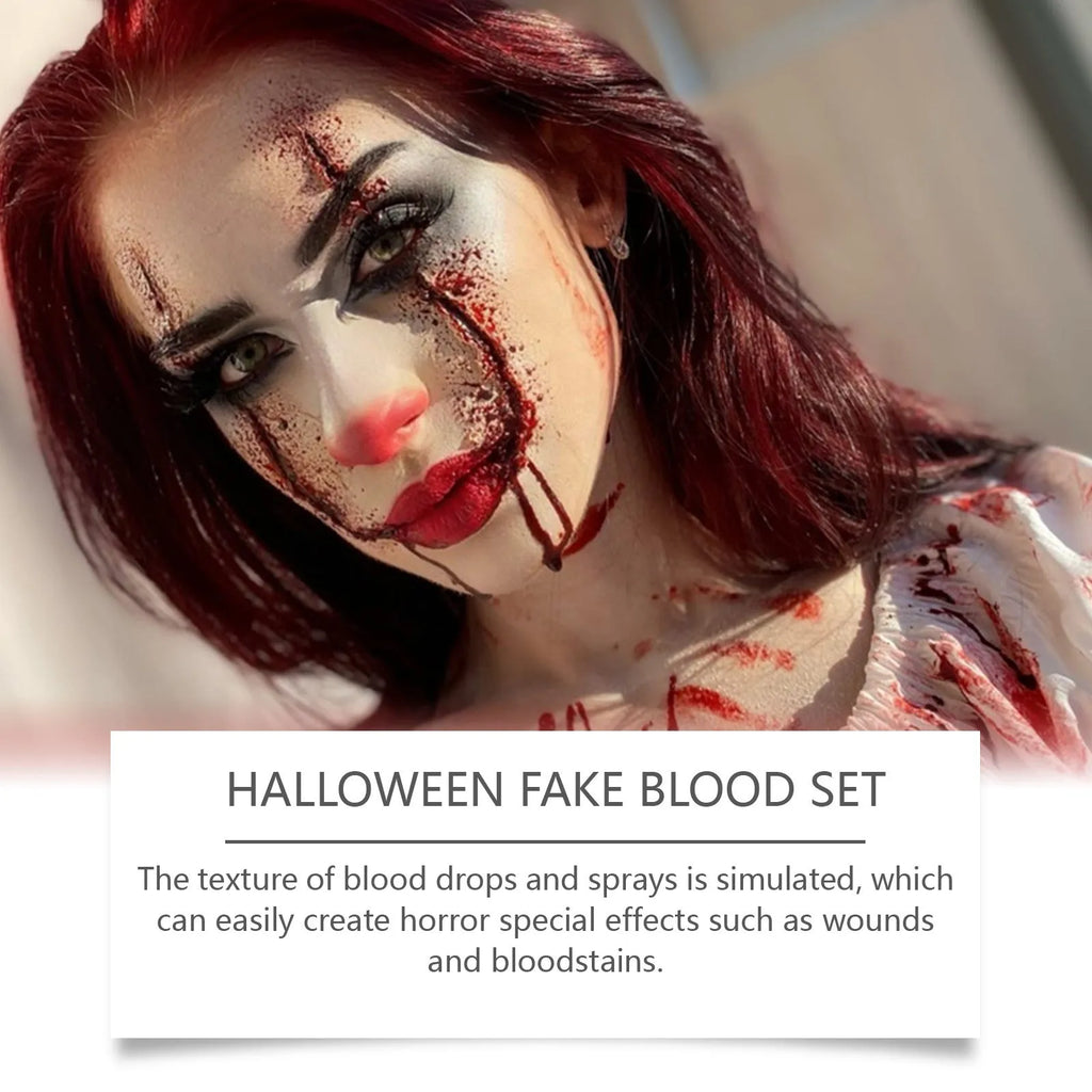 Washable fake blood 3-piece set showing plasma drops bottle, plasma spray, and surface soap for horror special effects