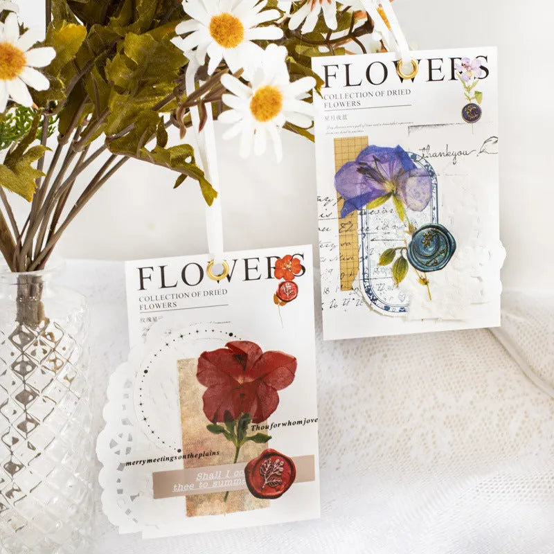 Square 70mm dried flowers journal stickers in eight artistic colour styles including dark night purple and rose nebula