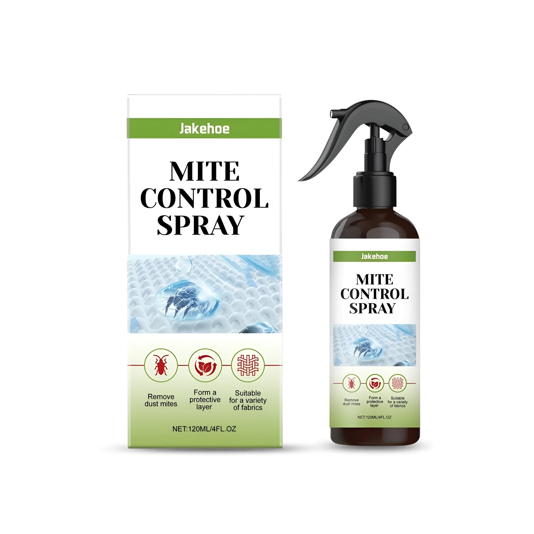 120ml mite control spray bottle with spray nozzle and ingredient list showing water, ethanol, propylene glycol, menthol, disodium EDTA