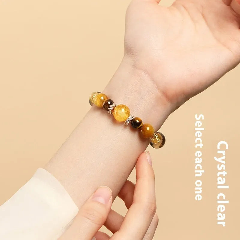 10mm natural yellow tower crystal tiger-eye bracelet with lucky K-boxing geometric pattern