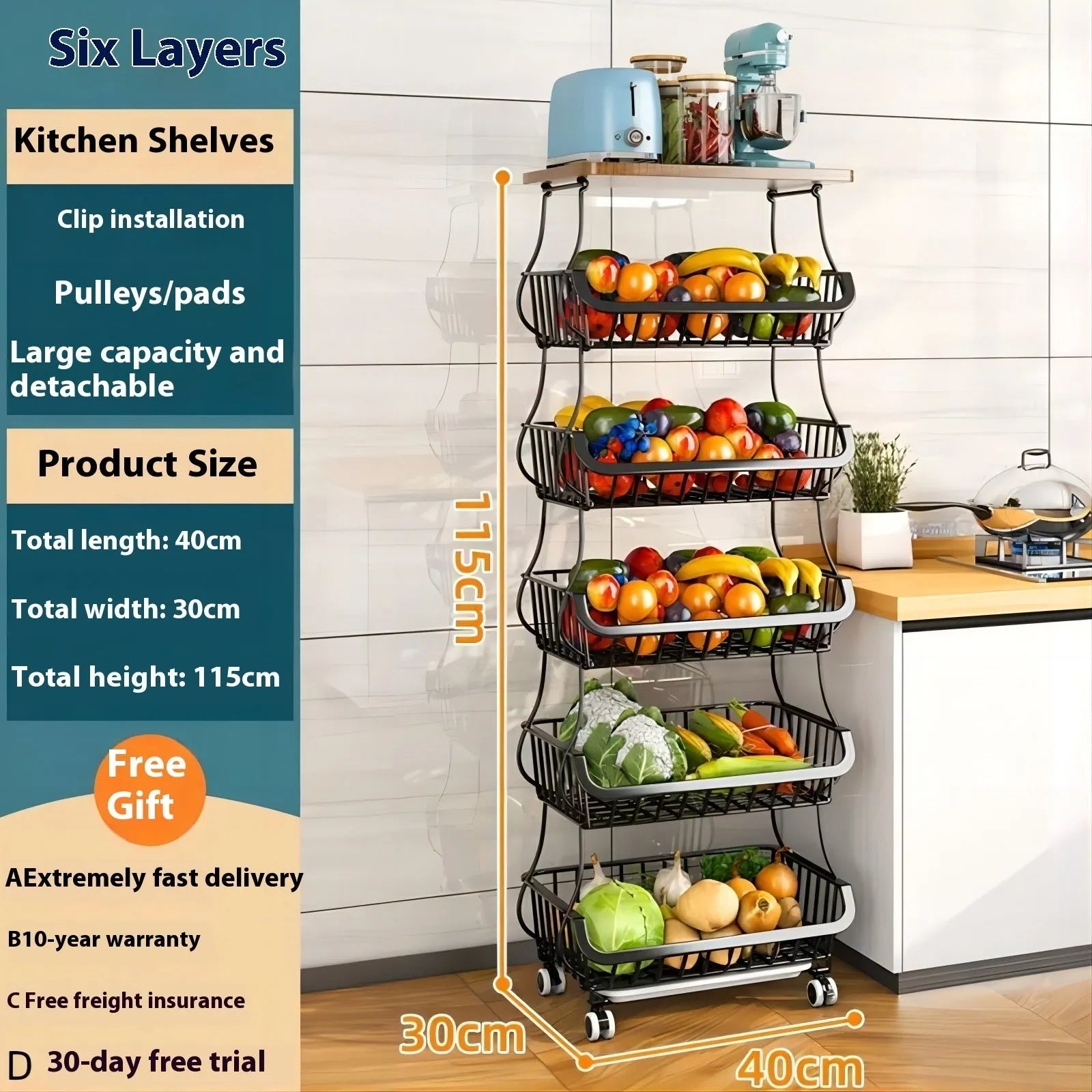 Black freestanding kitchen storage trolley with six open wire shelves.