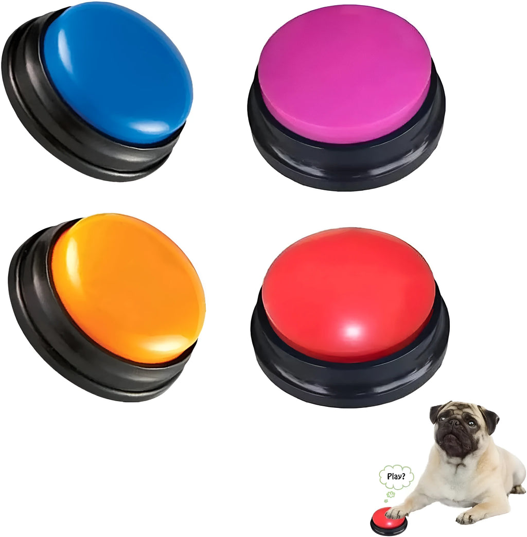 Voice recording pet training button in five colour options showing large record/playback button