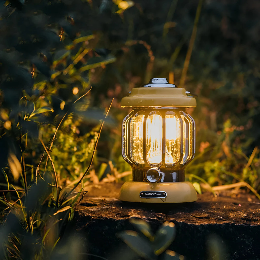 Sundial Yellow portable camping lantern with iron body, 17cm height, and dual LED lighting