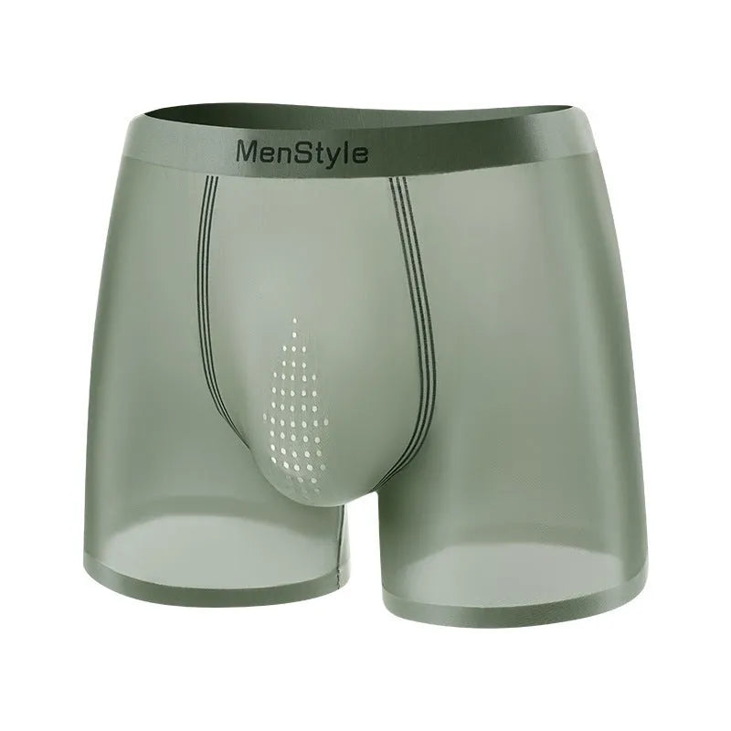 Men's seamless satin ice silk nylon boxer shorts in mid-waist style, shown in flesh colour
