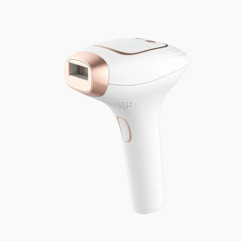 Pink and white three-in-one laser hair removal device with ice-sensing technology and shaver attachment