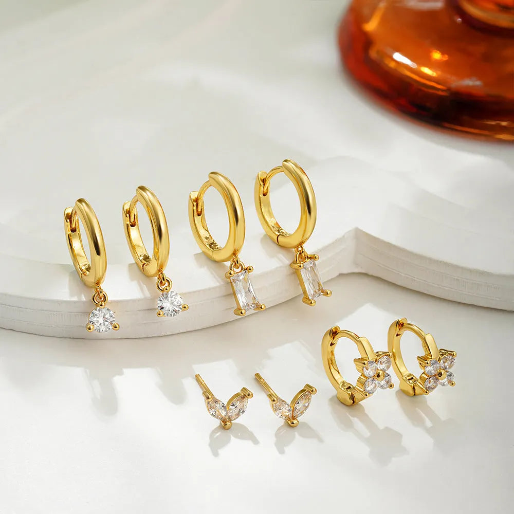 Geometric square earrings set with zircon details in gold or silver electroplated finish