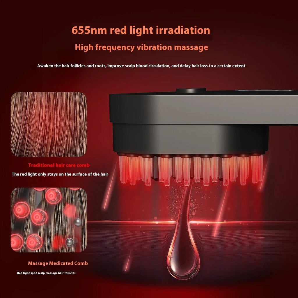 Pink and black smart massage comb with red light therapy for head care, measuring under 10cm