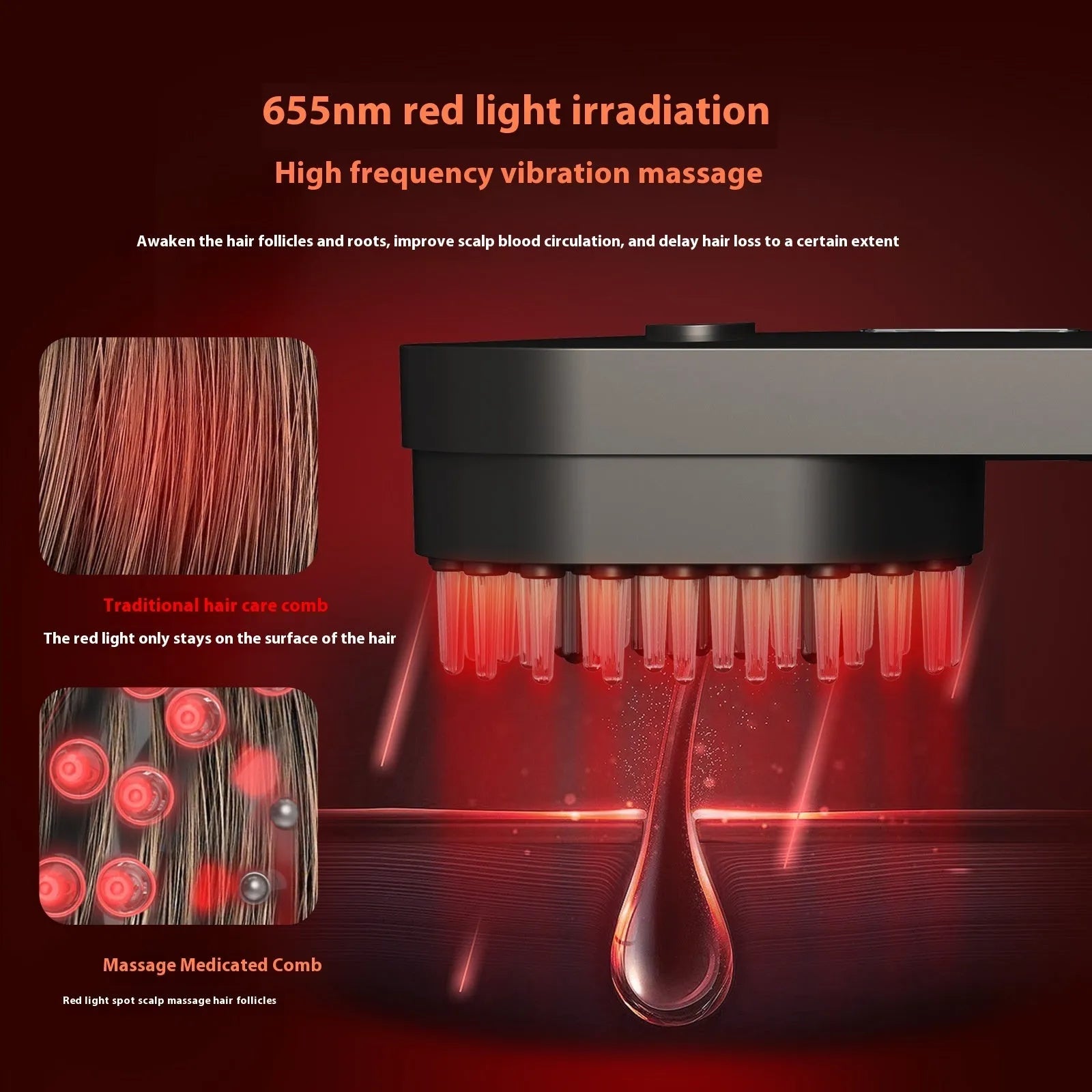 Pink and black smart massage comb with red light therapy for head care, measuring under 10cm
