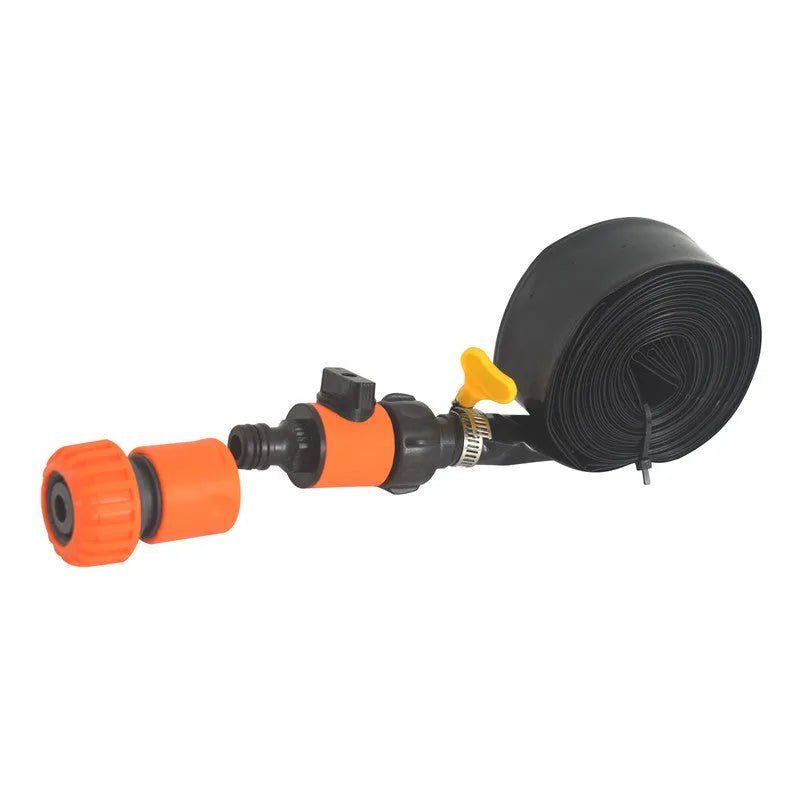 Blue portable PVC garden sprinkler with solar panel for water cooling on lawn