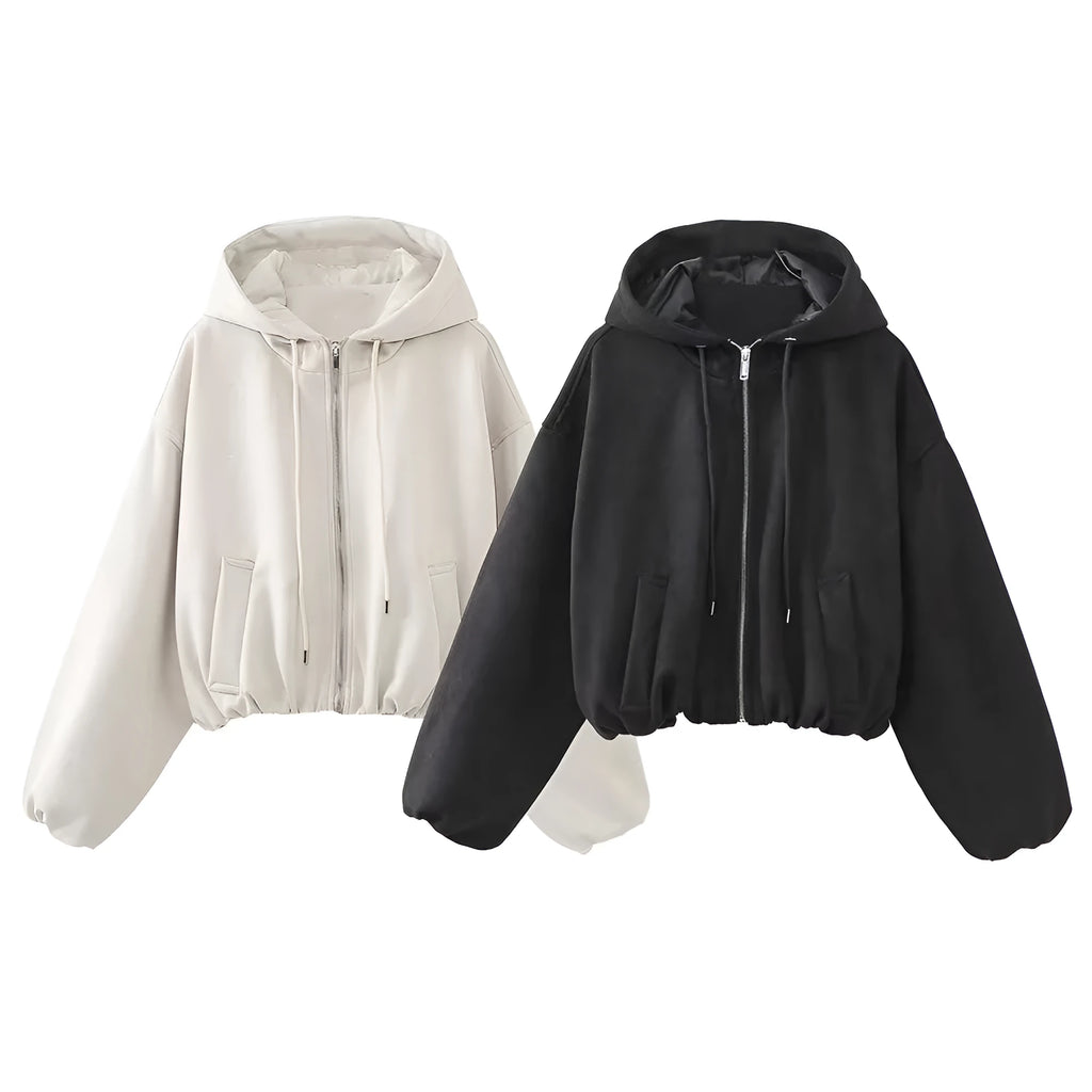 Women's casual hooded jacket in soft suede fabric, shown in black and white colour options.