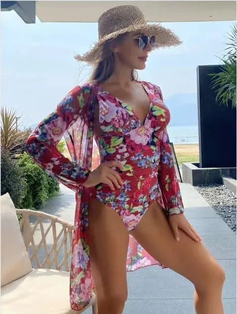 Women's floral bikini three-piece suit with matching coat in polyester fabric