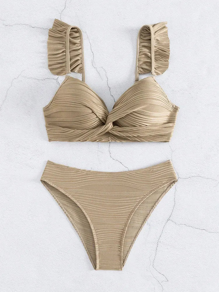Women's solid colour bikini swimsuit in black or khaki on mannequin