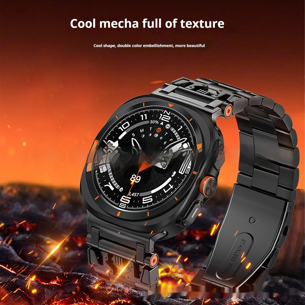 Three steel band armor metal watch strap for Samsung in Black, Silver, and Starlight colours