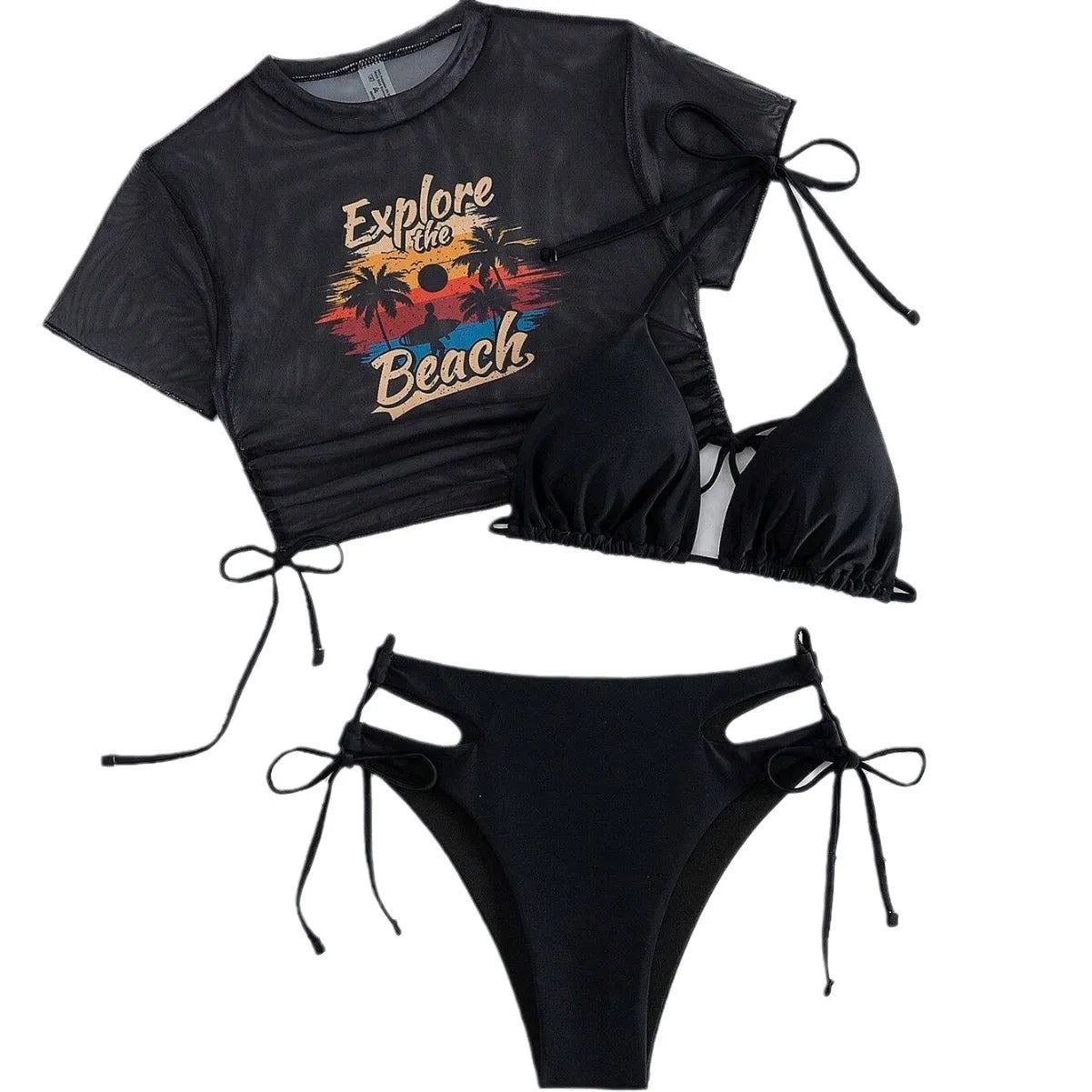 Women's three-piece bikini swimsuit set in black, shown with short sleeves and matching pants.