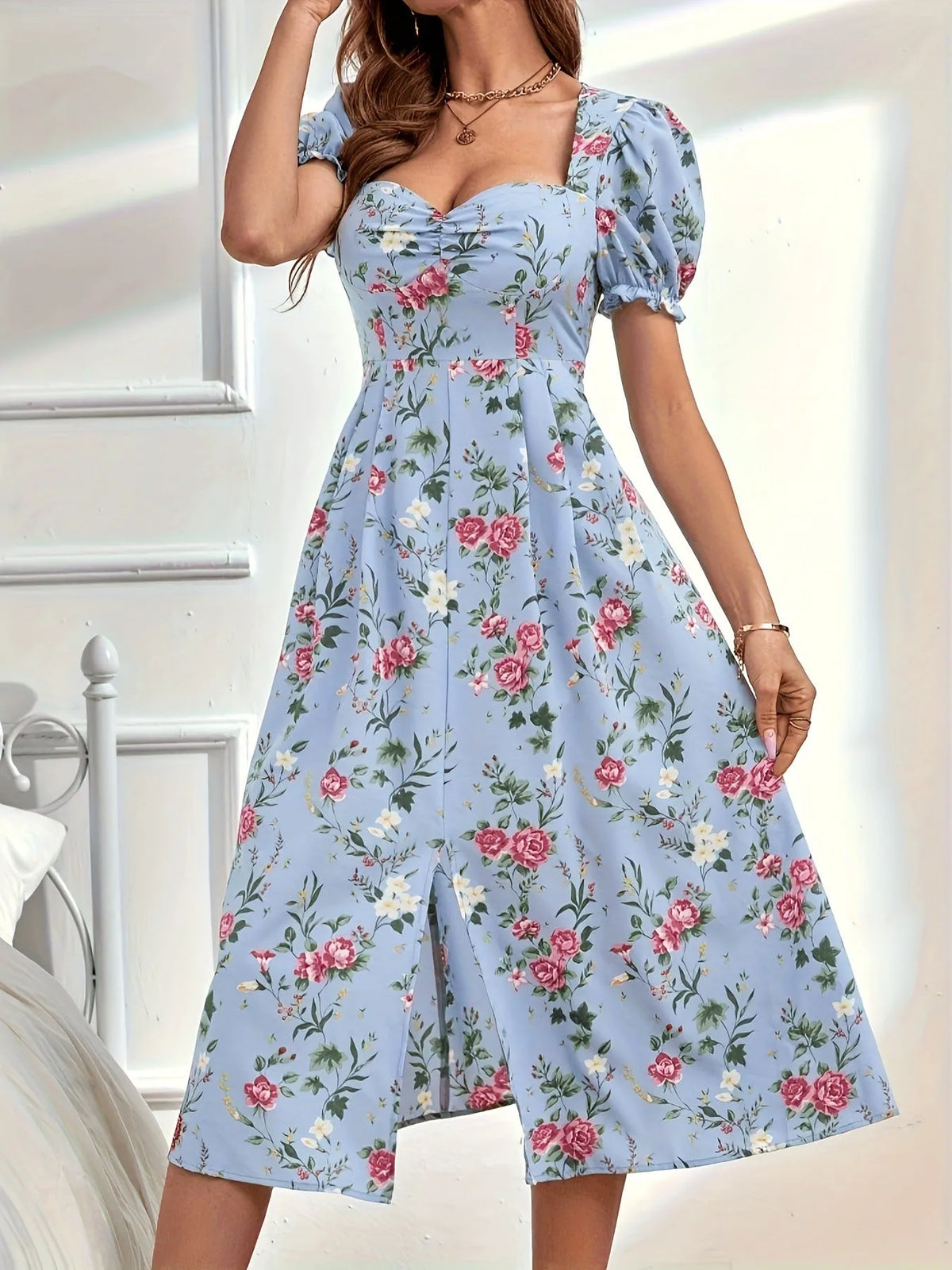 Blue printed bubble short sleeve dress with mid-waist and mid-length skirt for women