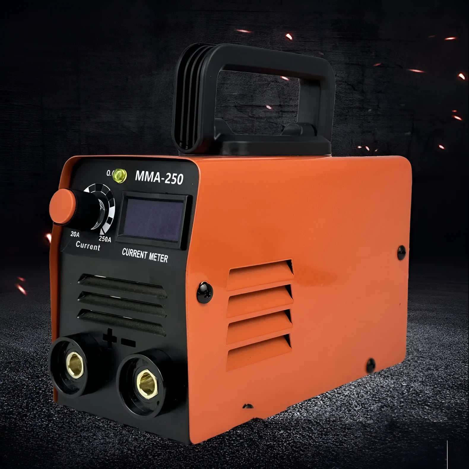 Portable mini MMA-250 DC spot welding machine with 110V US plug, ground wire, mask, and slag hammer on a workbench