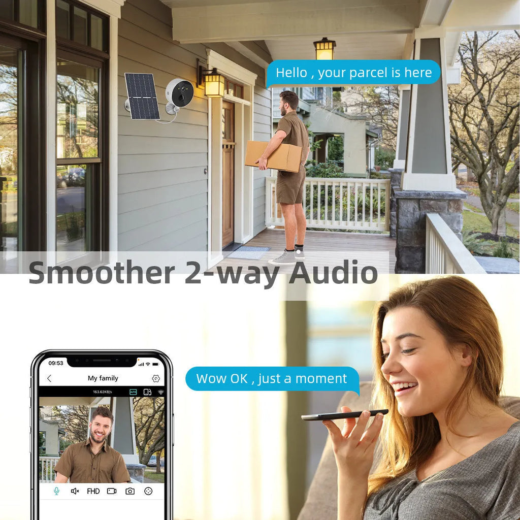 Solar-powered outdoor security camera with 1080P resolution and separate solar panel