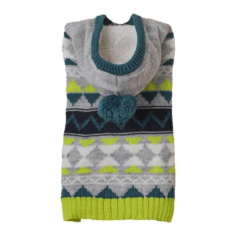 Green diamond pattern pet sweater on small dog showing acrylic knit fabric and sizing fit