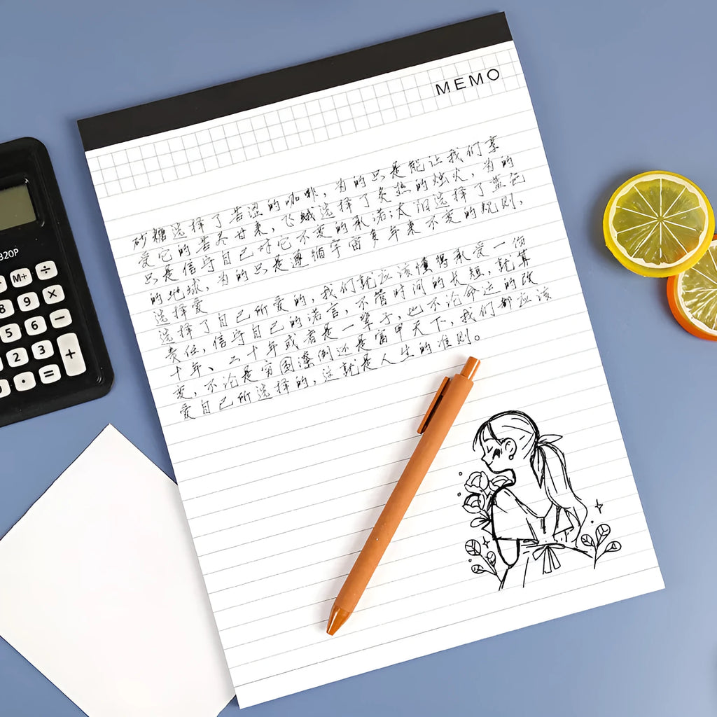 A4 tearable notebook with grid paper and wireless adhesive binding, shown in ivory white.
