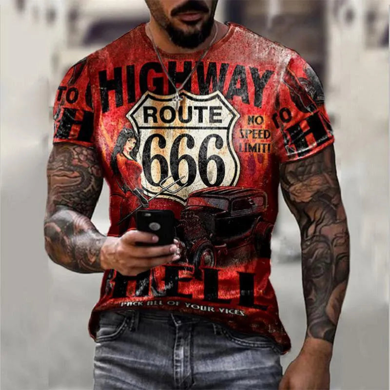 Oversize retro short sleeve polyester pullover top for men, straight tube cut, no collar, printed TX-66 series