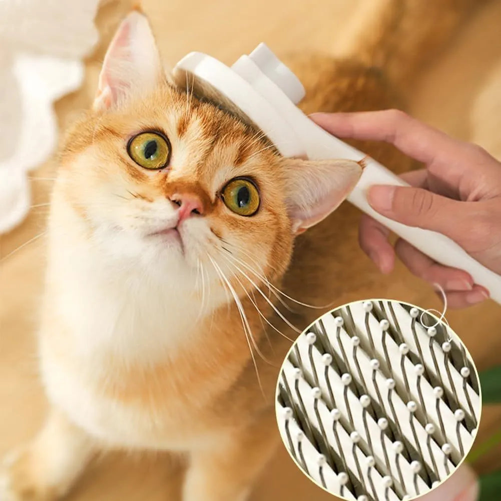 Blue self-cleaning cat brush with rubber-tipped pins and a one-click button on the handle