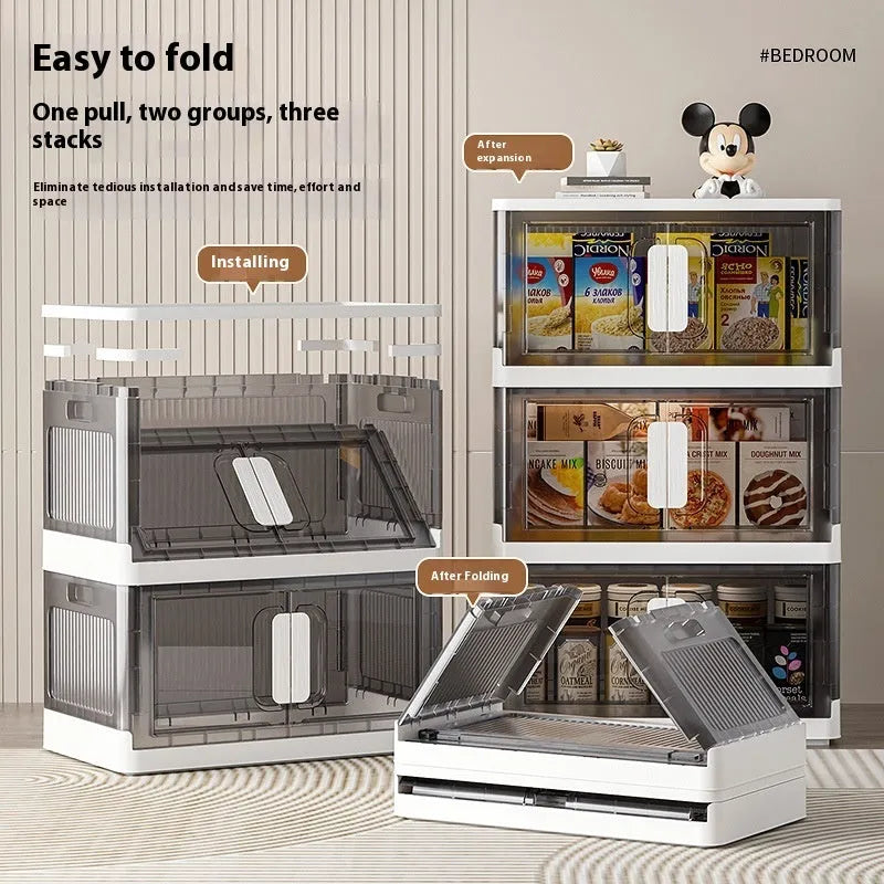 Foldable white household storage locker with wheels and multiple shelves
