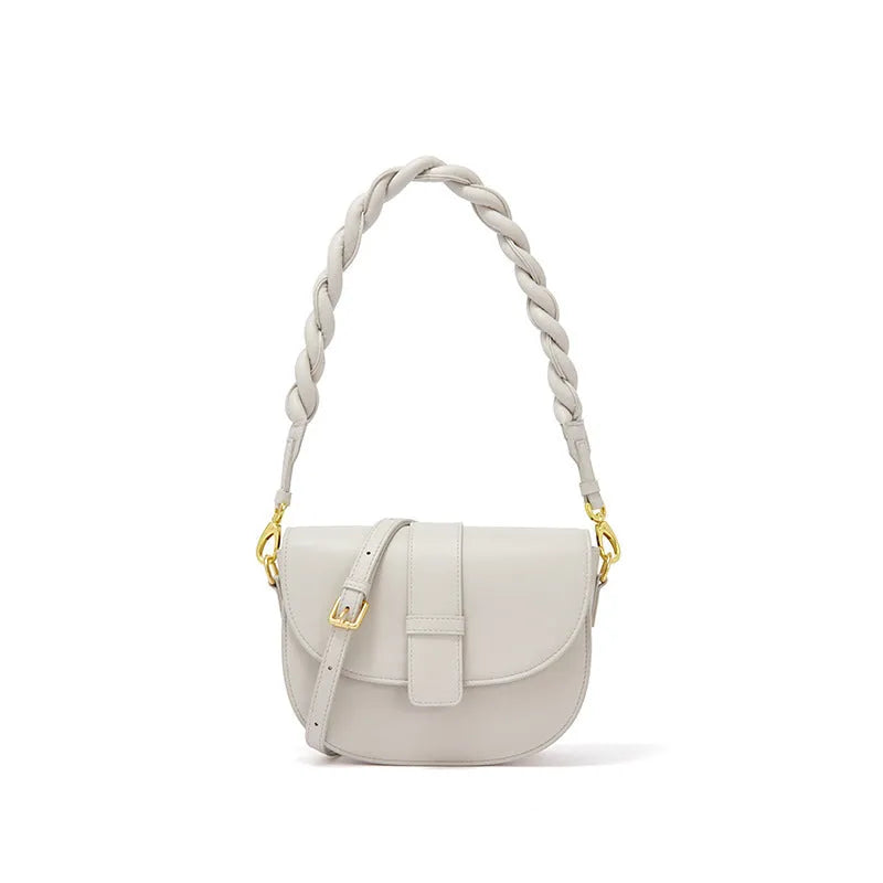 Women’s round crossbody bag in light brown with two-layer cowhide and double braid shoulder straps