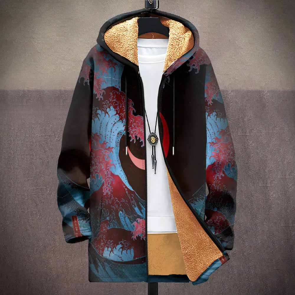 Men's zip-front hooded cardigan with multicolour digital printed pattern in loose fit