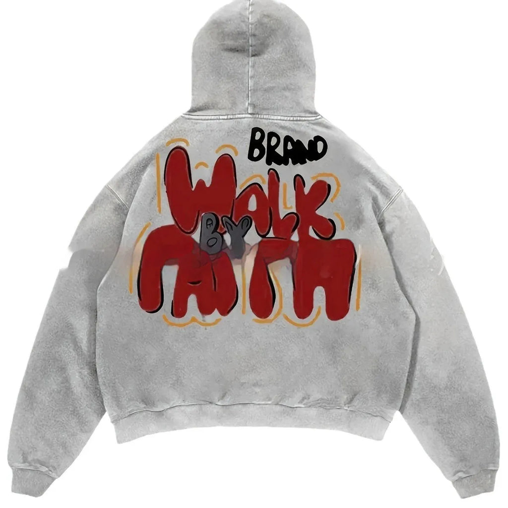 Women's grey hoodie with black letter print design showing Harajuku vintage streetwear style