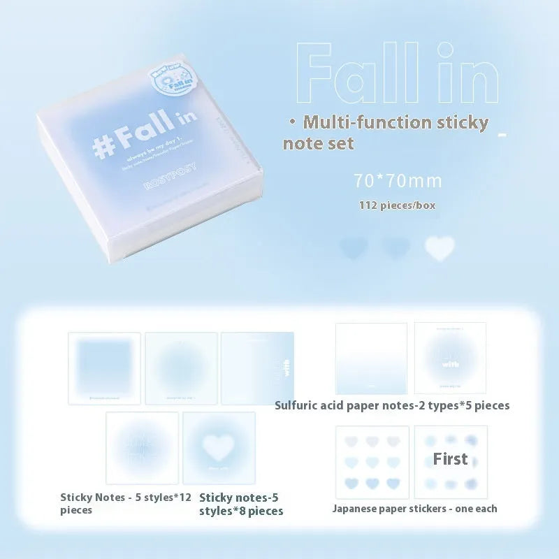 Square 70mm gradient parchment inner notepad brick with sticky notes, notes, and parchment paper in blush, green, purple, or blue.