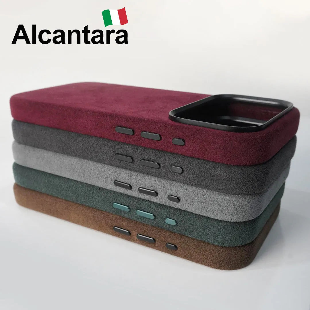 Handmade Alcantara phone case for iPhone 17 Pro Max, dark gray, with magnetic suction and anti-fingerprint finish