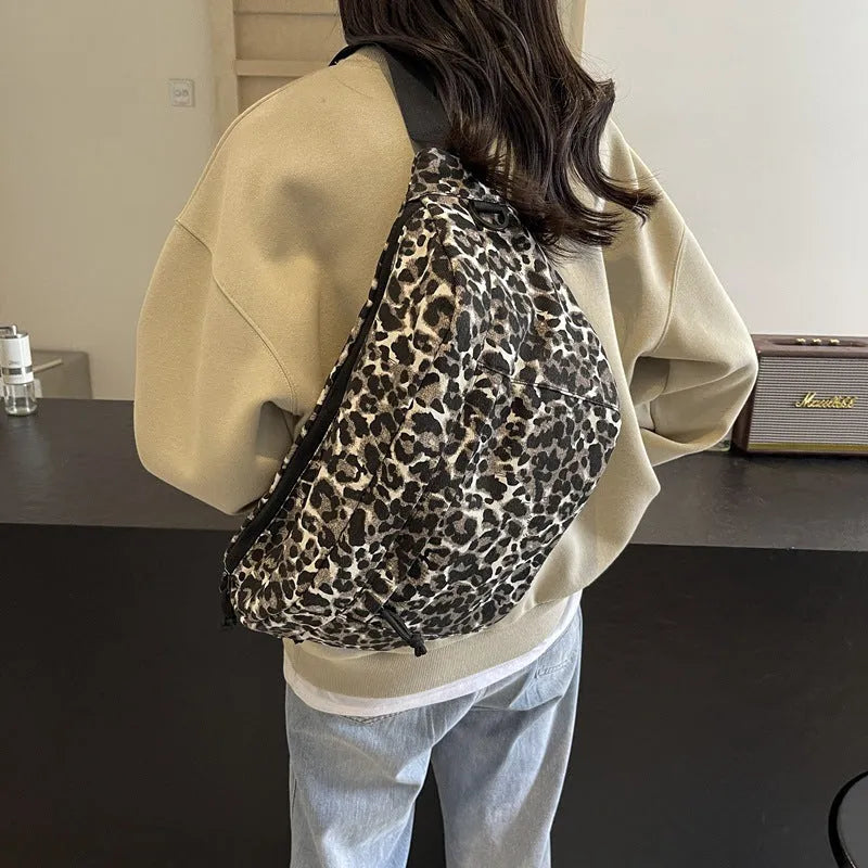 Soft canvas leopard print chest bag in brown with patchwork detailing, large capacity, multiple colours available