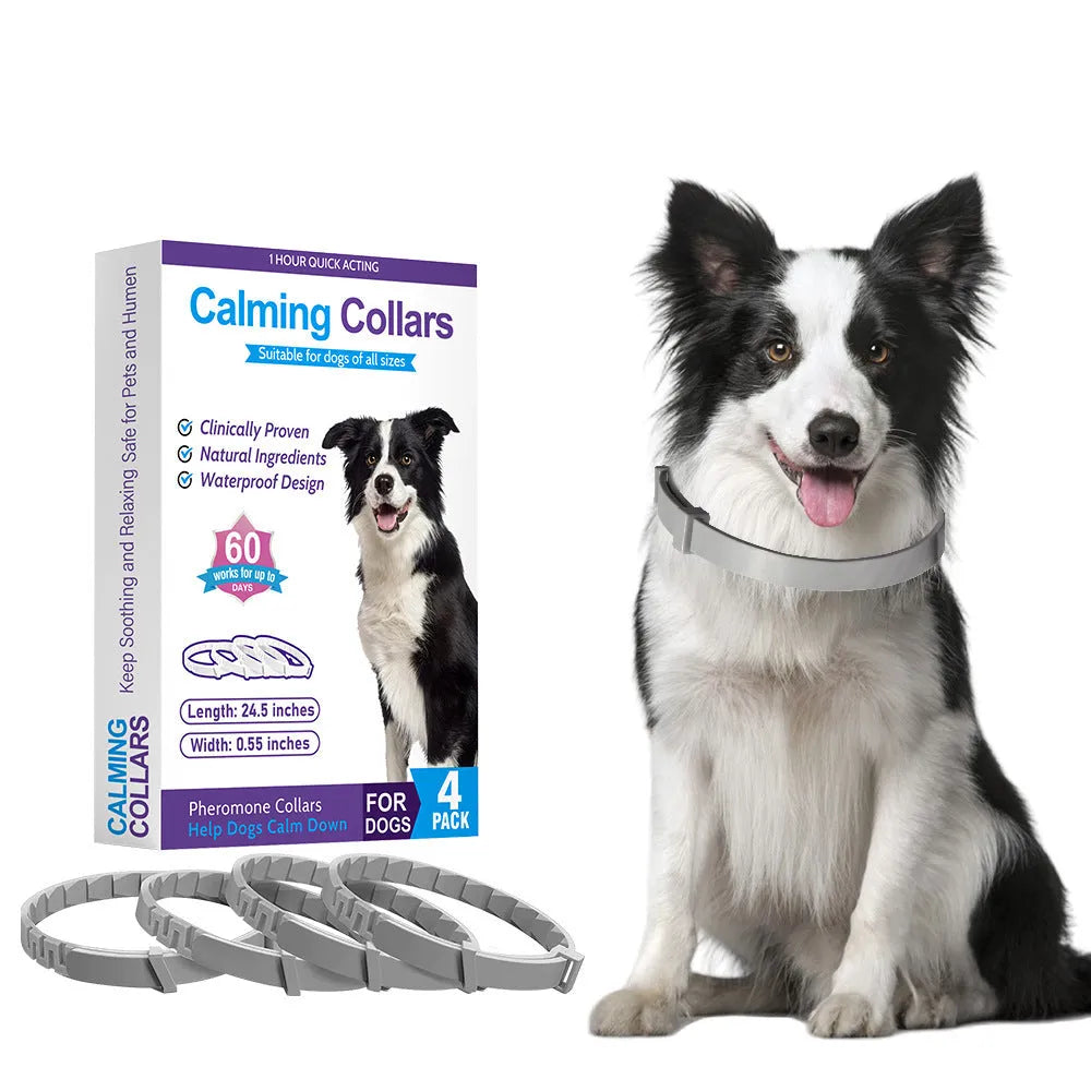 Four dog anxiety relief collars in different colours with Chinese style monochrome design