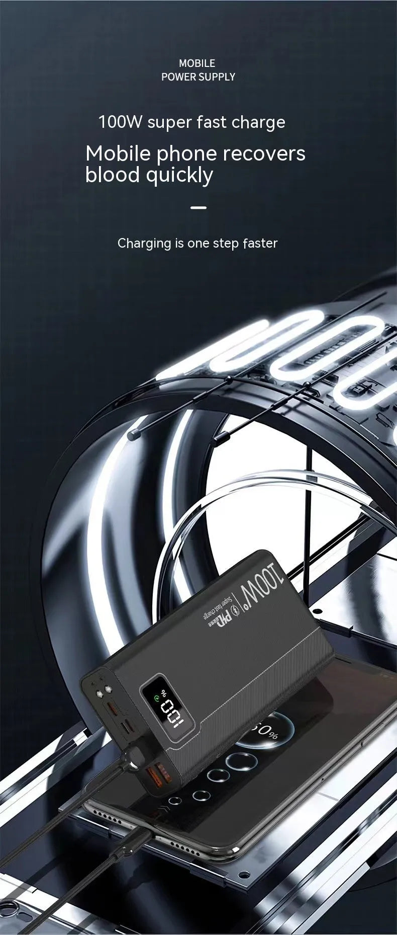 Large capacity power bank in black or white with plastic shell showing charging ports