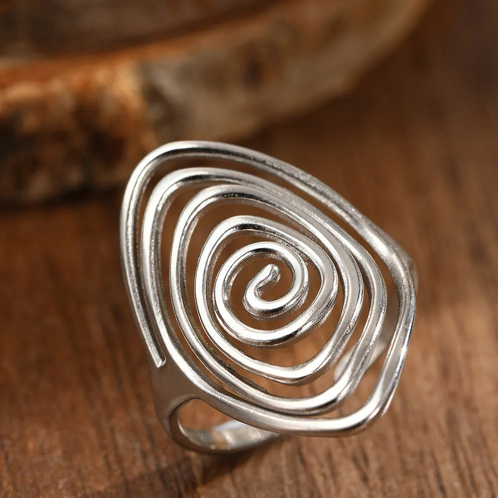 Geometric spiral laid open ring in stainless steel, unisex retro style, available in colours F1679 and F1680
